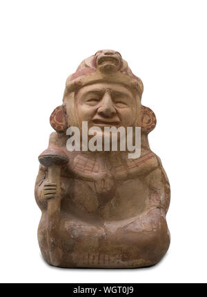 Madrid, Spagna - Settembre 8th, 2018: Mochica vaso raffigurante un guerriero con labirinto. Museo delle Americhe, Madrid, Spagna Foto Stock