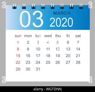 Marzo 2020. Vettore calendario mensile modello anno 2020 in stile semplice per la progettazione del modello. Inizia settimana da domenica. Illustrazione Vettoriale