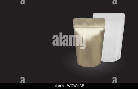 Oro e bianco borsa ziplock stand up isolati su sfondo nero Illustrazione Vettoriale