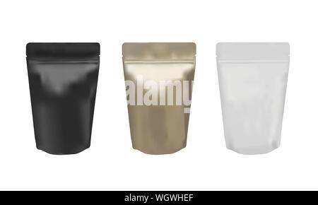 Nero opaco, oro e bianco borsa ziplock stand up isolati su sfondo bianco Illustrazione Vettoriale