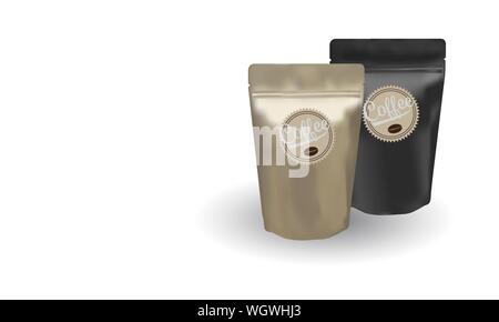 Nero opaco e oro chicco di caffè borsa ziplock stand up su sfondo bianco Illustrazione Vettoriale