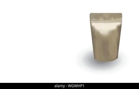 Oro opaco ziplock bag stand up isolati su sfondo bianco Illustrazione Vettoriale