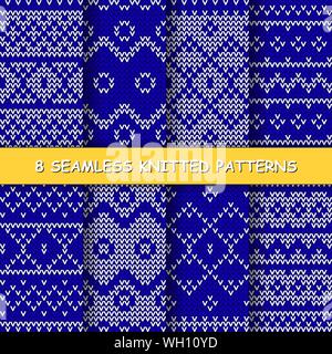 Impostare con seamless pattern d'inverno. Blu e bianco maglia sfondi di natale in stile scandinavo. Vettore Illustrazione Vettoriale