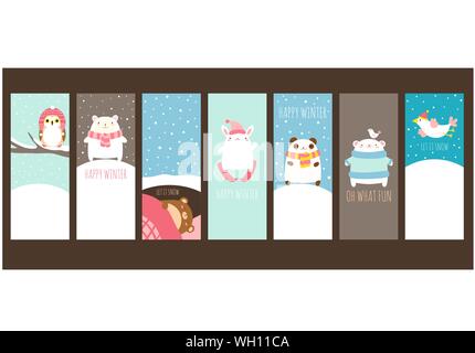 Felice D'inverno. Set di banner verticali con simpatici animali e scene invernali con la neve. Iscrizione Let it snow, oh che cosa divertente. Copia spazio per il testo. Mock u Illustrazione Vettoriale