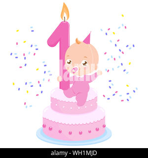 Bambina su una torta di compleanno che celebra il suo primo compleanno mentre lancia coriandoli. Festa di compleanno con torta rosa e cappello da festa. Foto Stock