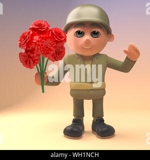 3d'esercito romantica soldato in uniforme militare tenendo un mazzo di rose rosse, 3D render illustrazione Foto Stock