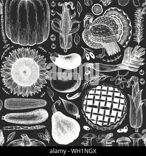 Felice giorno del Ringraziamento seamless pattern. Vettore disegnati a mano illustrazioni su chalk board. Ringraziamento design in stile vintage. Autunno sfondo. Illustrazione Vettoriale