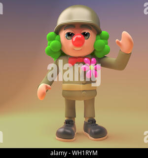 3D fumetto soldato dell'esercito in uniforme militare indossa un clown parrucca e naso rosso, 3D render illustrazione Foto Stock