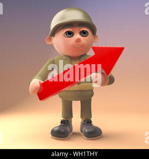 3D fumetto soldato dell'esercito in uniforme tenendo un freccia rossa, 3D render illustrazione Foto Stock