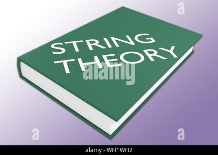 3D illustrazione della teoria delle stringhe script su un libro, isolata su gradiente viola. Foto Stock