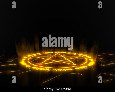 Summon cerchio con pentacolo su Centro. parole runiche per la chiamata di demoni. gialla incandescente dettagli nelle aree scure. 3d illustrazione Foto Stock