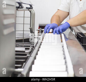 Per la preparazione e la farcitura di crema pasticcera dolci con la crema su una moderna linea automatica, la produzione di dolci di pasticceria, preparazione Foto Stock