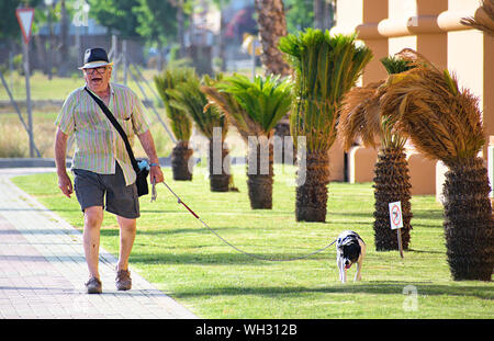 Murcia, Spagna, 17 Luglio 2019: un vecchio, senior, pensionato uomo cammina il suo cane al via un vietata o limitata area con un 'no cani segno. Per gli anziani. Foto Stock