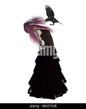 Rendering digitalmente illustrazione di una ragazza gotica con black raven. Foto Stock