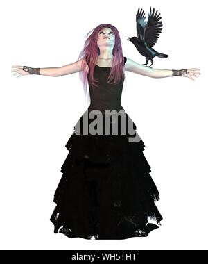 Rendering digitalmente illustrazione di una ragazza gotica con black raven. Foto Stock