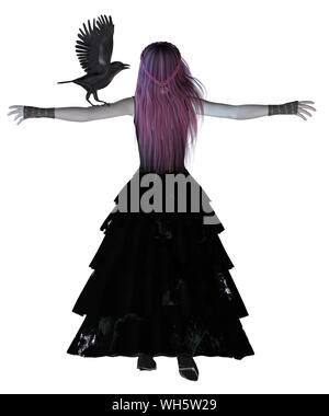 Rendering digitalmente illustrazione di una ragazza gotica con black raven. Foto Stock