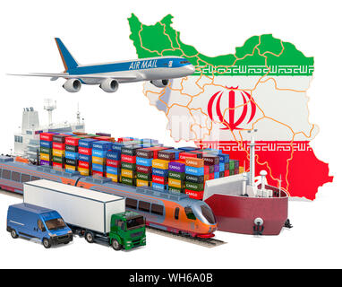 Carico le spese di spedizione e trasporto merci in Iran in nave, aereo, treno, camion e furgoni. 3D rendering isolati su sfondo bianco Foto Stock