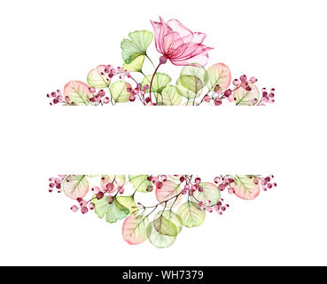 Acquerello trasparente bouquet floreale disposizione delle rose, foglie e bacche e rami di eucalipto. Dipinto a mano vintage telaio per testo e nozze Foto Stock