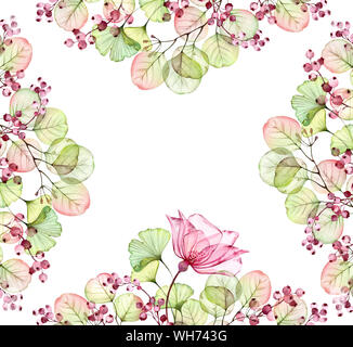 Acquerello floreale trasparente disposizione di intelaiatura di rose, foglie e bacche e rami di eucalipto. Dipinto a mano vintage illustrazione per i tessili e i Foto Stock