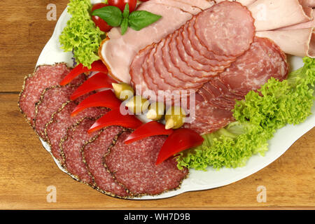 Parte della piastra per banchetti con fette di prosciutto polacco e salsiccia. Tradizionale polacco carne affumicata Foto Stock