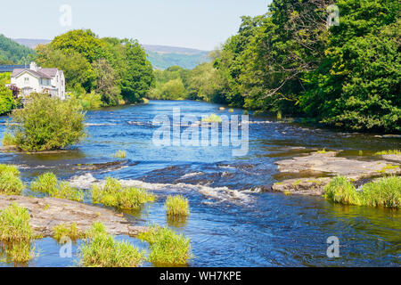 Il fiume Dee scorre veloce tra densley rive boscose su un luminoso giorno estati a Llangollen, Galles Foto Stock