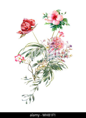 La pittura ad acquerello di foglie e fiori, su sfondo bianco Foto Stock