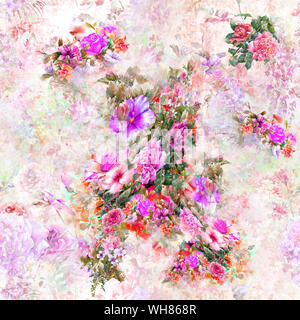 La pittura ad acquerello di foglie e fiori, modello senza giunture Foto Stock