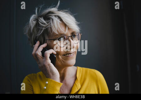 Ritratto di coppia imprenditrice con capelli grigi sul telefono Foto Stock