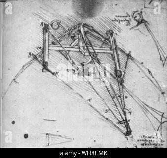 Un timone come un uccello della coda è un interessante aggiunta ad un altro ornithopter design del 1486-90. Leonardo da Vinci (1452-1519) era un italiano architetto rinascimentale, musicista, anatomista, inventore, ingegnere, scultore, geometra e artista. Foto Stock