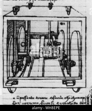 Cremagliera e pignone sterzo ma l'unità di potenza è l'uomo-power, girando cabestani. Leonardo da Vinci (1452-1519) era un italiano architetto rinascimentale, musicista, anatomista, inventore, ingegnere, scultore, geometra e pittore. . . Foto Stock