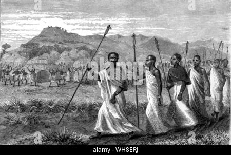 Kabba Rega e la sua grande chiefs restituendo una visita. Spedizione dell Africa centrale per la repressione della tratta degli schiavi, 1872. . Assorbita durante il 1872, quando Sir Samuel White Baker (1821-1893), esploratore inglese, incontrò per la prima volta Kabarega.. . . . Foto Stock