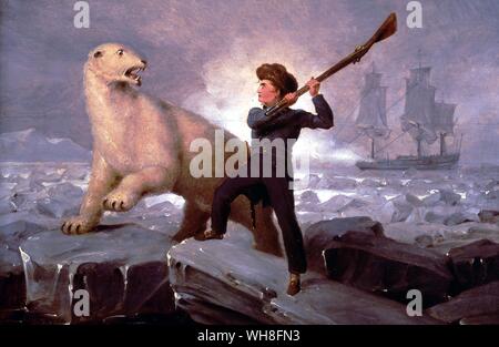 Nelson e l'Orso di Richard Westall (1765-1836). Nelson il famoso attacco su un orso polare durante una spedizione.. Da Nelson - una biografia di Richard Hough pagina, 20.. L'onorevole Horatio Nelson, primo Visconte Nelson, KCB (1758-1805), era un ammiraglio inglese che ha vinto la fama come un leader di comandante navale. Quando egli era quindici Nelson volontariamente per la spedizione come timoniere nella carcassa HMS, capitano sotto Lutwidge. Lutwidge utilizzato per richiamare Nelson il perseguimento di un orso polare. "Ho voluto uccidere l'orso che io possa portare la pelle a mio padre" (Horatio Nelson). Entrambi Nelson e l'orso scampato Foto Stock