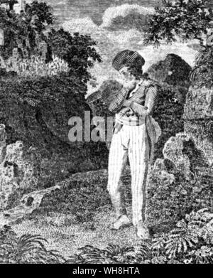 Signor James Bruce (1730-1794) Scottish viaggiatore e scrittore di viaggi, contemplando la sorgente del Nilo, da un famoso libro di CHAP. L'avventura africana - una storia dell'Africa esploratori da Timothy Severin pagina 107.. . Foto Stock