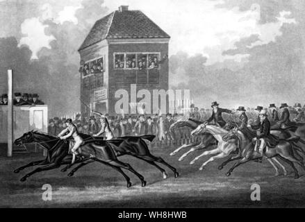 Il Hambletonian-Diamond corrispondono. 'La famosa partita tra Sir Harry Tempest paletta del cavallo della carring Hambletonian 8 stone 3 libbre guidato dal sig. fibbia battendo il diamante, la proprietà di Giuseppe Cookson Esq oltre il corso di faro rotante, Newmarket, lunedì 25 marzo 1799 essendo il Craven riunione. Questa gara è stato eseguito per tre mila Guinea a metà del lato incamerata. Il diamante è stato guidato dal Sig. Dennis Fitzpatrick e portato 8 stone. Le scommesse è stata di 5 a 1 sulla Hambletonian all'avvio. Il corso di faro rotante è quasi rettilineo e si trova a quattro miglia e vicino a due furlongs in lunghezza. La gara è stata eseguita in 8 minuti e mezzo". Foto Stock