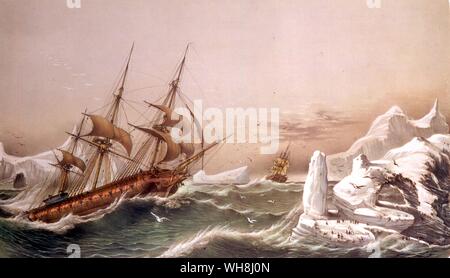 Dumont D'Urville la Corvette astrolabio e Zelee, 25 gennaio 1840, disegnato e litografato da Louis Le Breton (1818-1866) e pubblicato da Auguste Bry, Parigi. Dall'Antartide: l'ultimo continente da Ian Cameron, pagine 98-9.. Medico Jacques Bernard Hombron (1798-1852) era un French Naval chirurgo e naturalista. Hombron servita sul francese voyage dell'astrolabio e Zelee tra 1837 e 1840 per investigare il perimetro dell'Antartide. Egli ha descritto un certo numero di piante e animali con Honore Jacquinot. Foto Stock