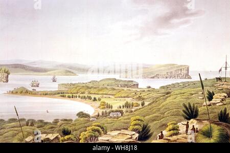 Ingresso a Port Jackson, da Darwin e la Beagle da Alan Moorhead, pagina 241. HMS Beagle impostato su off sul suo terzo viaggio nel 1837 al sondaggio di grandi parti della costa di Australia sotto il comando del capitano John Clements Wickham, con assistente geometra tenente John Lort Stokes, che era stato un Guardiamarina il primo viaggio del Beagle. Hanno iniziato con la costa occidentale tra il fiume Swan (moderno Perth, Australia) e il fiume Fitzroy, Australia occidentale, quindi intervistati due sponde del Bass Strait all'angolo sud-est del continente. Nel maggio 1840, il Beagle a sinistra a Sydney Foto Stock