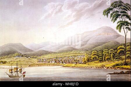 Città di Hobart, Tasmania da Darwin e la Beagle da Alan Moorhead, pagina 241. HMS Beagle impostato su off sul suo terzo viaggio nel 1837 al sondaggio di grandi parti della costa di Australia sotto il comando del capitano John Clements Wickham, con assistente geometra tenente John Lort Stokes, che era stato un Guardiamarina il primo viaggio del Beagle. Hanno iniziato con la costa occidentale tra il fiume Swan (moderno Perth, Australia) e il fiume Fitzroy, Australia occidentale, quindi intervistati due sponde del Bass Strait all'angolo sud-est del continente. Nel maggio 1840, il Beagle a sinistra a Sydney Foto Stock