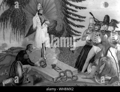 ... Hero-adorando emozione, anzi venerazione religiosa...": un francese ricamato allegorica e immagini dipinte di Bonaparte derivanti dalla sua tomba a Longwood all'immortalità, per il disappunto di quattro guardando allied ufficiali. Collezione Malmaison. Foto: Studio Laverton. Foto Stock