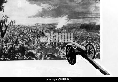 Il mattino dopo Waterloo. incisione dopo un dipinto di heavyside. Bonaparte la fuga da Elba era costo Europa in tutto 60.000 uomini uccisi e mutilati. Radio Times Hulton Picture Library. (Inserto) un British 6-pounder campo di pistola impiegato a Waterloo. Royal Military Academy Sandhurst. Foto: Esercito Nazionale Museum di Londra. Foto Stock