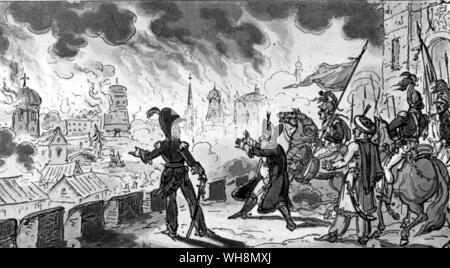 'Mosca il valore alla Grande Armée è stata ulteriormente compromessa da una spettacolare incendio...": l'incendio di Mosca, settembre 1812, come visualizzato dall'inglese fumettista, George Cruikshank, British Museum. Foto Stock