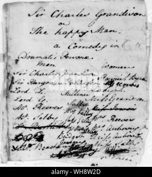 Parte di Jane Austen's manoscritto di un gioco intitolato Sir Charles Grandison o l'uomo felice, una commedia adattata dalla storia di Sir Charles Grandison da Samuel Richardson Foto Stock