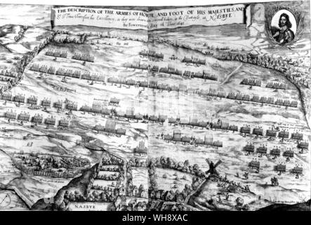 Steeter di incisione della battaglia di Naseby da Sprigg's Anglia Rediviva mostra il diritto parlamentare comandato da Cromwell, Rainborough reggimento della forma parte della riserva direttamente sotto la collina sulla quale un nodo di rustici si sono riuniti per guardare 1647 Foto Stock
