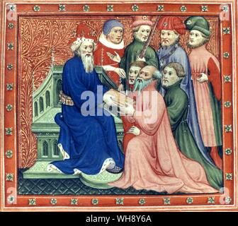 Niccolò e Maffeo Polo sul ritorno alla Cina con Marco offrendo lettere pontificie di Kublai Khan Foto Stock