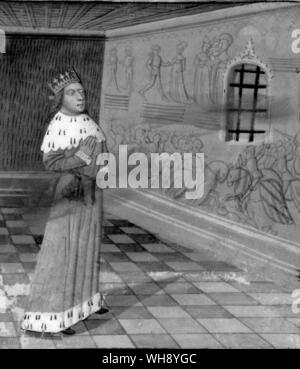Una pagina da un manoscritto francese King Arthur scoprendo Lancelot la parete di immagini del suo amore per Guinevere Foto Stock