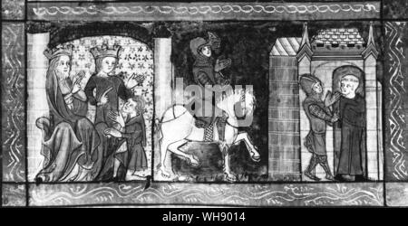 Il vendicativo Gawaine troncatura da King Arthur e Guinevere per impostare su una missione di valor Foto Stock
