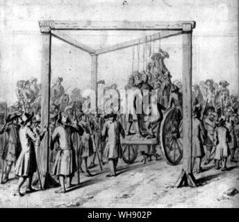 Il patibolo a Tyburn. . "Ho ottenuto per un danaro a stare al volante di un carrello, nel grande dolore, al di sopra di un'ora prima dell'esecuzione è stato fatto." (21 gennaio 1664). Appeso a Tyburn, attribuita a Marcello Laroon II. Preso da Pepys, Samuele diarist inglese e amministratore di navale. mantenuta diario 1660-1669 (1893-1899 pubblicato). Presidente della Royal Society 1684-1686  1633-1703 Foto Stock