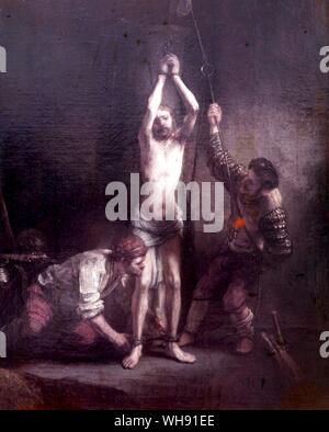 Cristo alla colonna. Da Rembrandt. Harmenszoon Rembrandt van Rijn (Luglio 15, 1606 - Ottobre 4, 1669) è generalmente considerato uno dei più grandi pittori nella storia dell'arte europea e il più importante nella storia Olandese.. Rembrandt è stato anche un abile incisore e fatto molti disegni.. Foto Stock