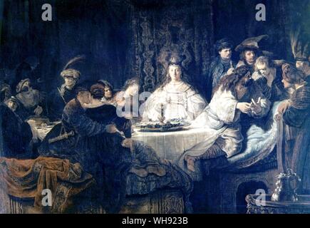 Sansone Wedding. Sansone propone l'Enigma al banchetto di nozze, 1638 . Da Rembrandt. in Deutsch Fototek Dresden. Harmenszoon Rembrandt van Rijn (Luglio 15, 1606 - Ottobre 4, 1669) è generalmente considerato uno dei più grandi pittori nella storia dell'arte europea e il più importante nella storia Olandese.. Foto Stock