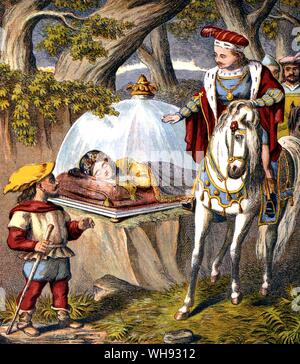 Biancaneve e i Sette Nani. Il principe trova Snow White nella sua bara di vetro. Color legno-incisione da Routledge Scellino del libro giocattolo, poco Snow-White, c.1870.. Foto Stock