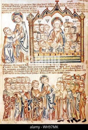 Pagina dalla Bibbia Holkham picture book Cristo chiama i suoi apostoli e discepoli Foto Stock